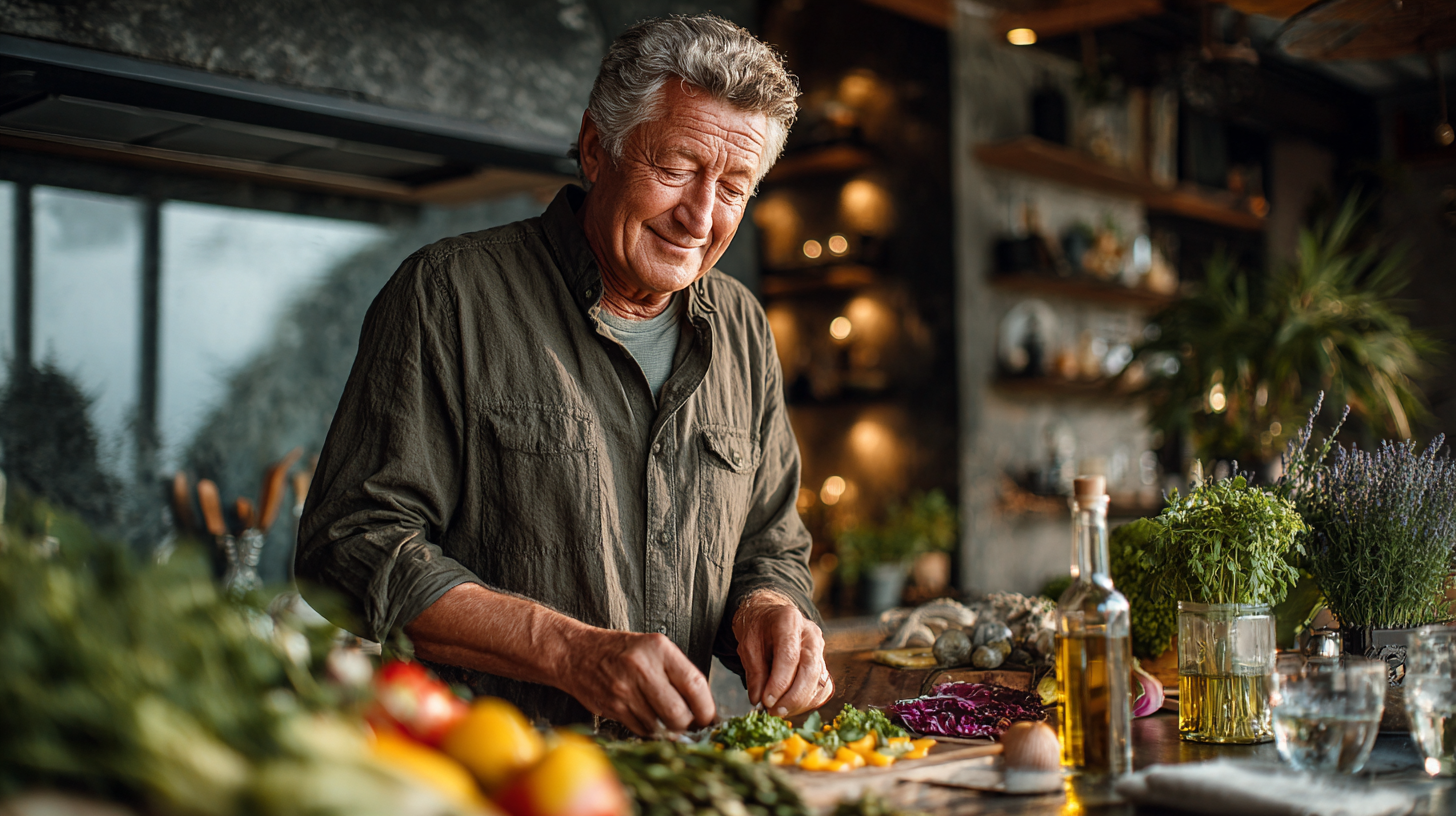 Nutriționistă vârstnică zâmbitoare pregătind o masă sănătoasă